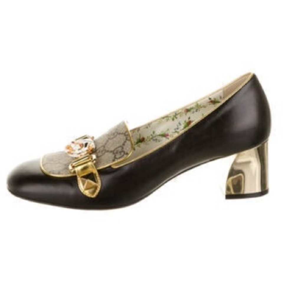 Authentic Gucci Black and Gold Loafers with GG design